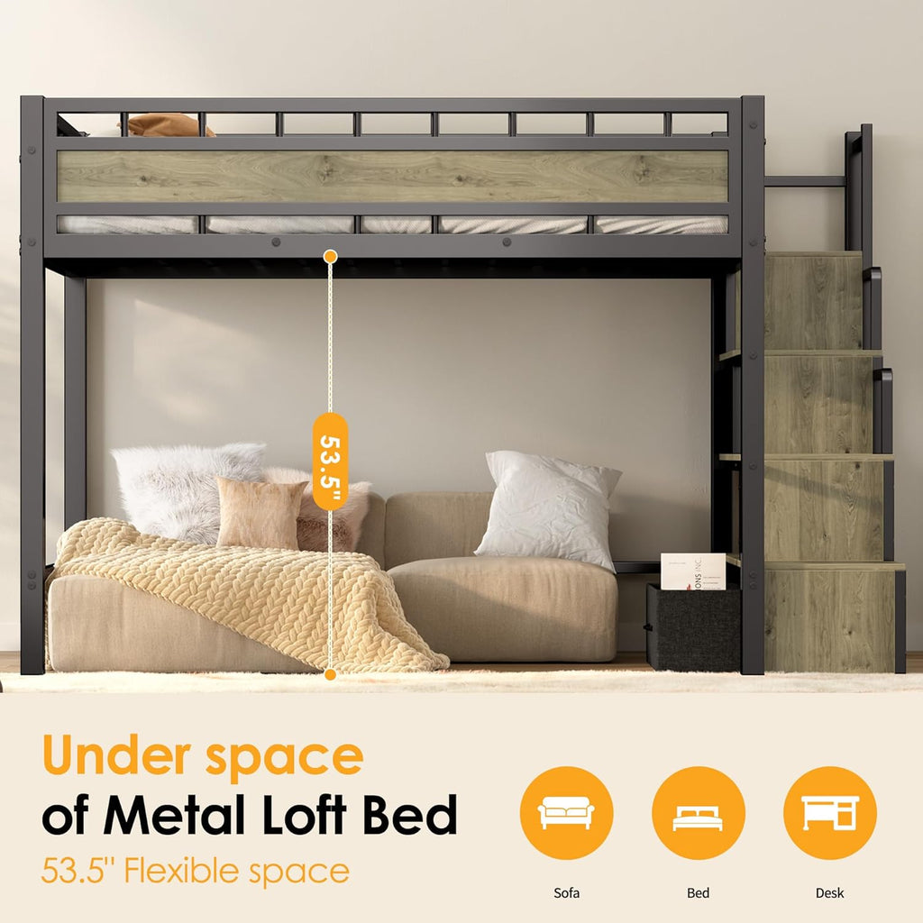 Loft Bed Twin with Stairs, 53.5” Under-Space for Sofa and Desk, More Stable and Safe Industrial Metal Frame for Teens