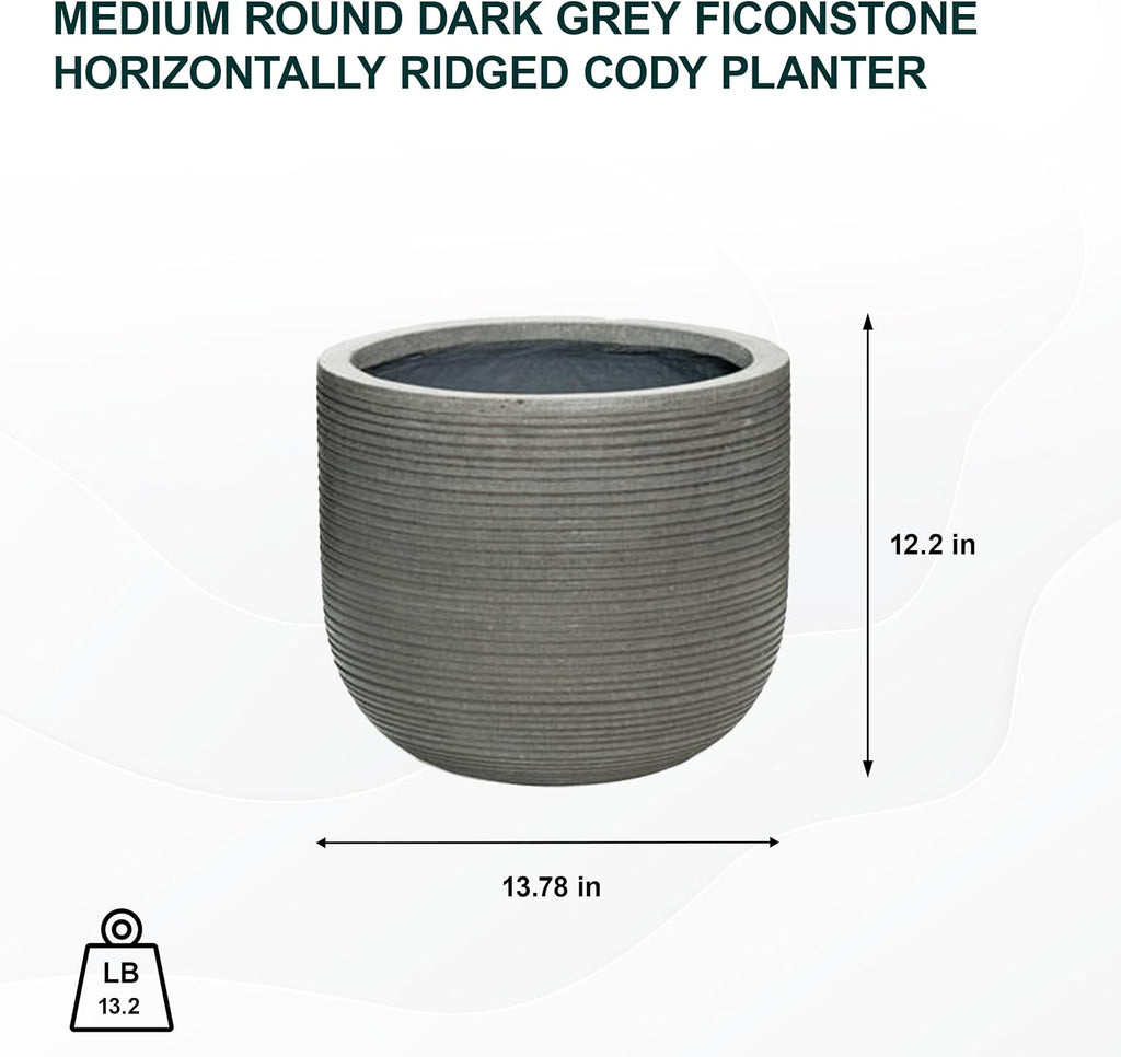Round Horizontal Ridged Planter Ficonstone Gray Flower Pot 12" H x 14" W - Indoor Outdoor by Potter Pots