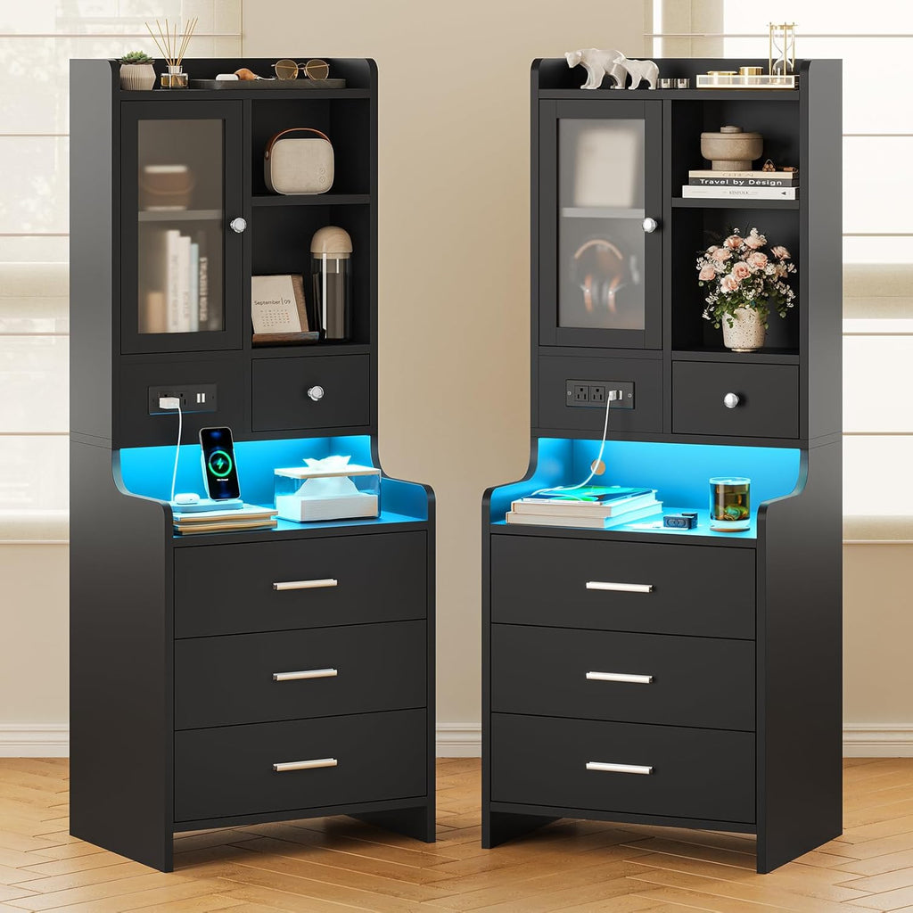 Tall Night Stand with Charging Station and LED Lights,49.2" Nightstand with Bookshelf, Black Bedside Table with