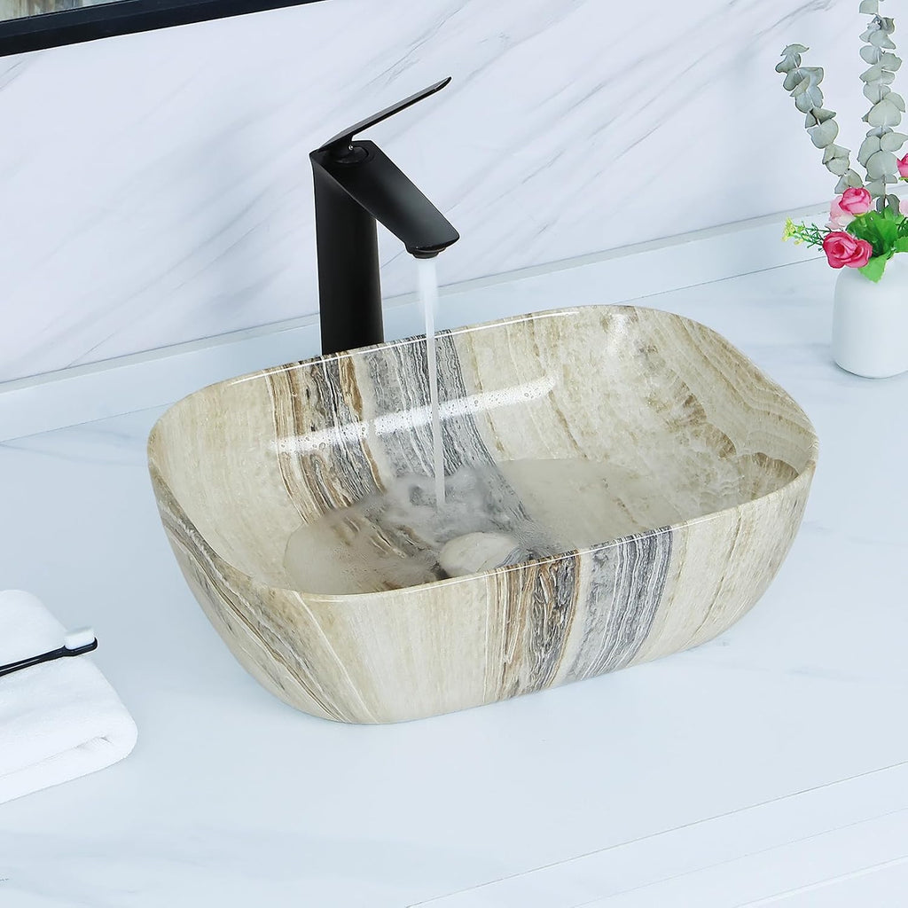 18.3"×13" Marbling Rectangle Bathroom Vessel Sink with Pop Up Drain,Nordic Ceramic Vessel Sinks,Bathroom Sinks