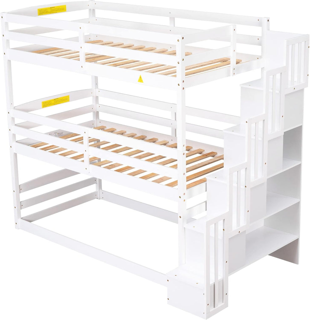 Solid Wood Triple Bunk Bed Twin with Storage Stairs and Shelves for Saving Space, Can Bed Separated Into 2 Beds