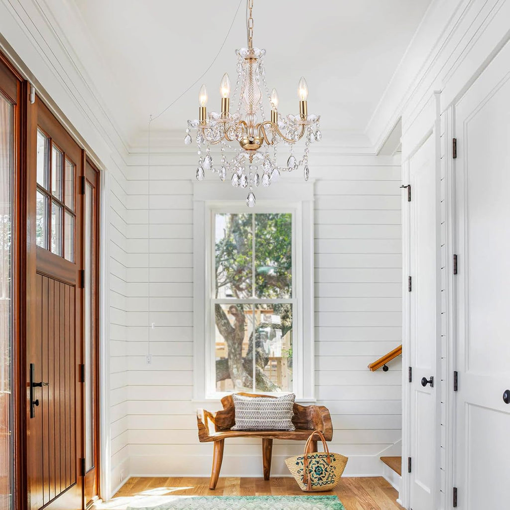 Plug in Crystal Chandelier,French Country Gold Crystals Chandelier Pendant Lighting