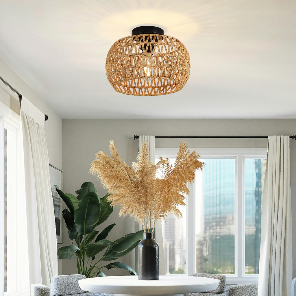 12" Boho Ceiling Light Fixture, Rattan Flush Mount Ceiling Light, Small Rustic Hand Woven Chandelier for Farmhouse
