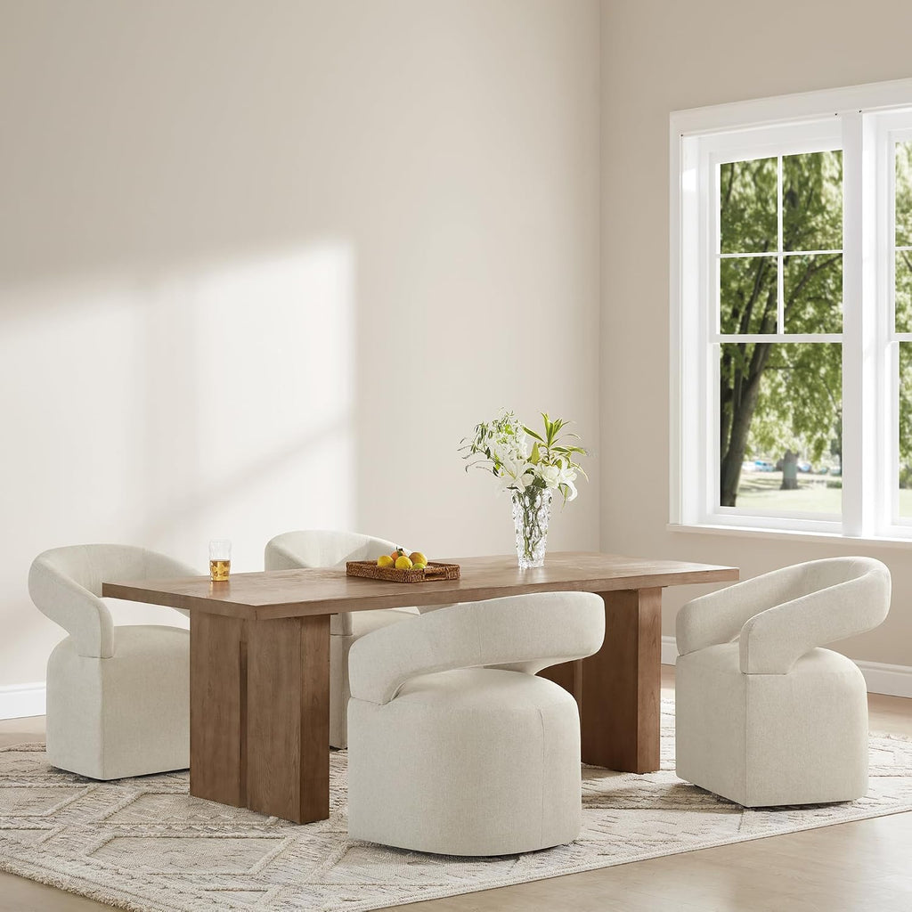 Upholstered Dining Chairs Set of 4, Modern Rolling Dining Chairs with Hidden Casters, Arm Kitchen Chairs with Linen