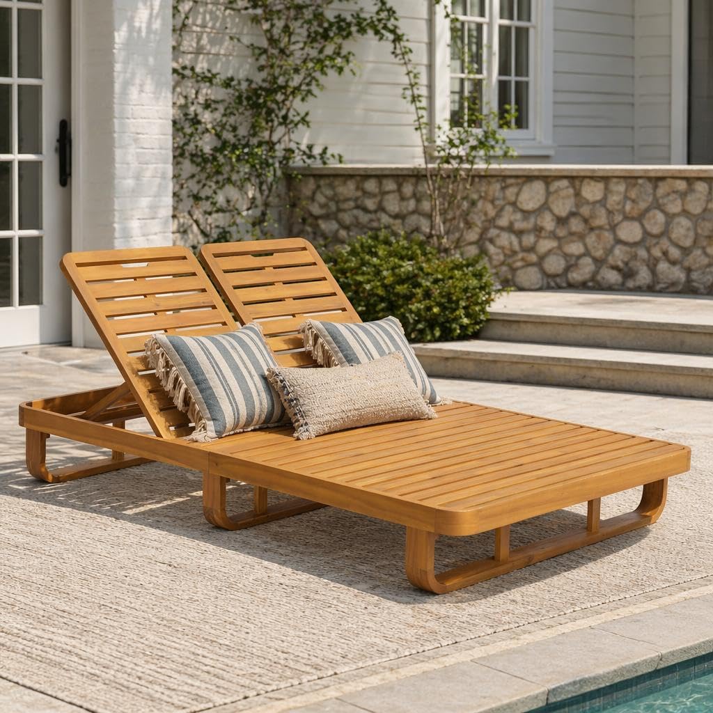 Double Acacia Wood Chaise Lounge with Dual Adjustable Backrests, Patio Outdoor Chaise Lounge, Wooden Sunbathing Pool