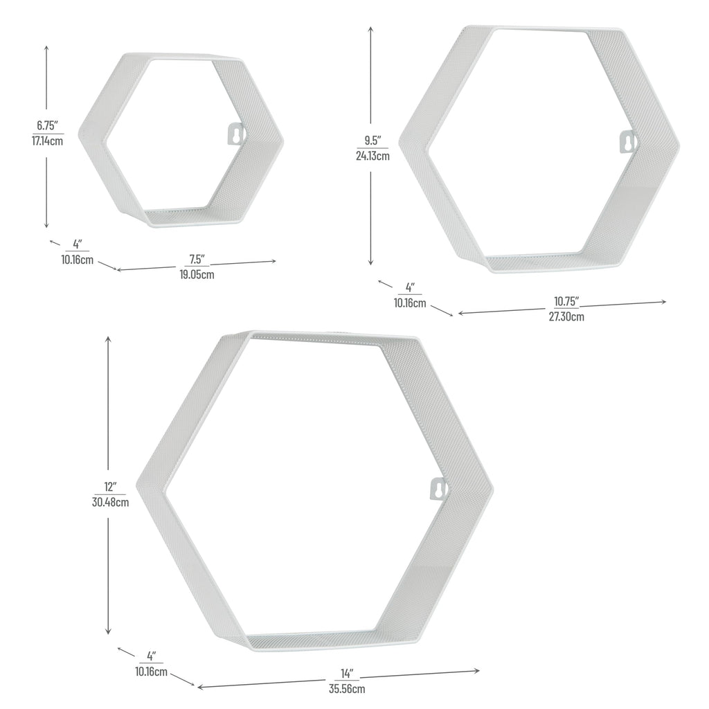 Hexagon Floating Shelves, Wall Decor, Honeycomb Accent Shelf, Office, Metal Mesh, 14" L x 4" W x 12" H, Set of 3