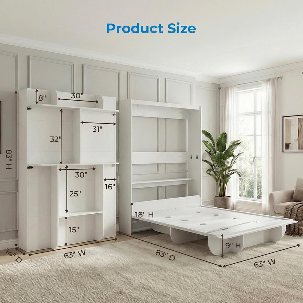Queen Wall Murphy Bed with Storage Shelf, Queen Wall Beds Cabinet Murphy Beds with Bookshelf, Top Cabinet Bedframe