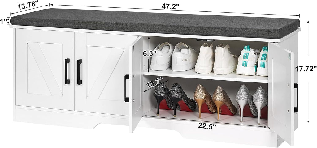 Farmhouse Shoe Storage Bench with 4 Barn Doors & Padded Seat Cushion | 47.2" Wide Entryway Bench with Adjustable