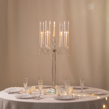 Crystal 4-Arm Candelabra Taper Candle Holder with Hurricane Glass Shades - Table Centerpiece with Pedestal Base &