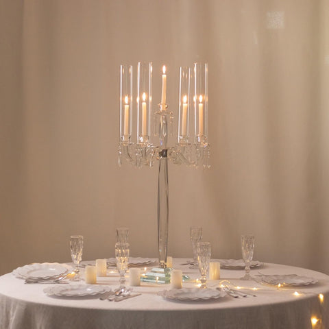 Crystal 4-Arm Candelabra Taper Candle Holder with Hurricane Glass Shades - Table Centerpiece with Pedestal Base &