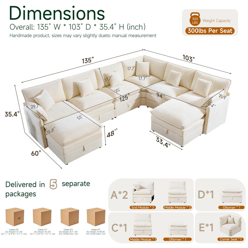 Modular Sofa with Storage, 135" V Shaped Sectional Cloud Couch, Oversized Fabric Couch with Movable Ottoman, 8 Seat