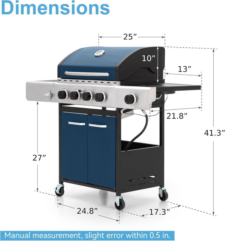 4-Burner Propane Gas Grill with Side Burner, 42,000 BTU BBQ Grill with Porcelain-Enameled Cast Iron Grates, 545 Sq. In. Cooking Area for Garden and Patio
