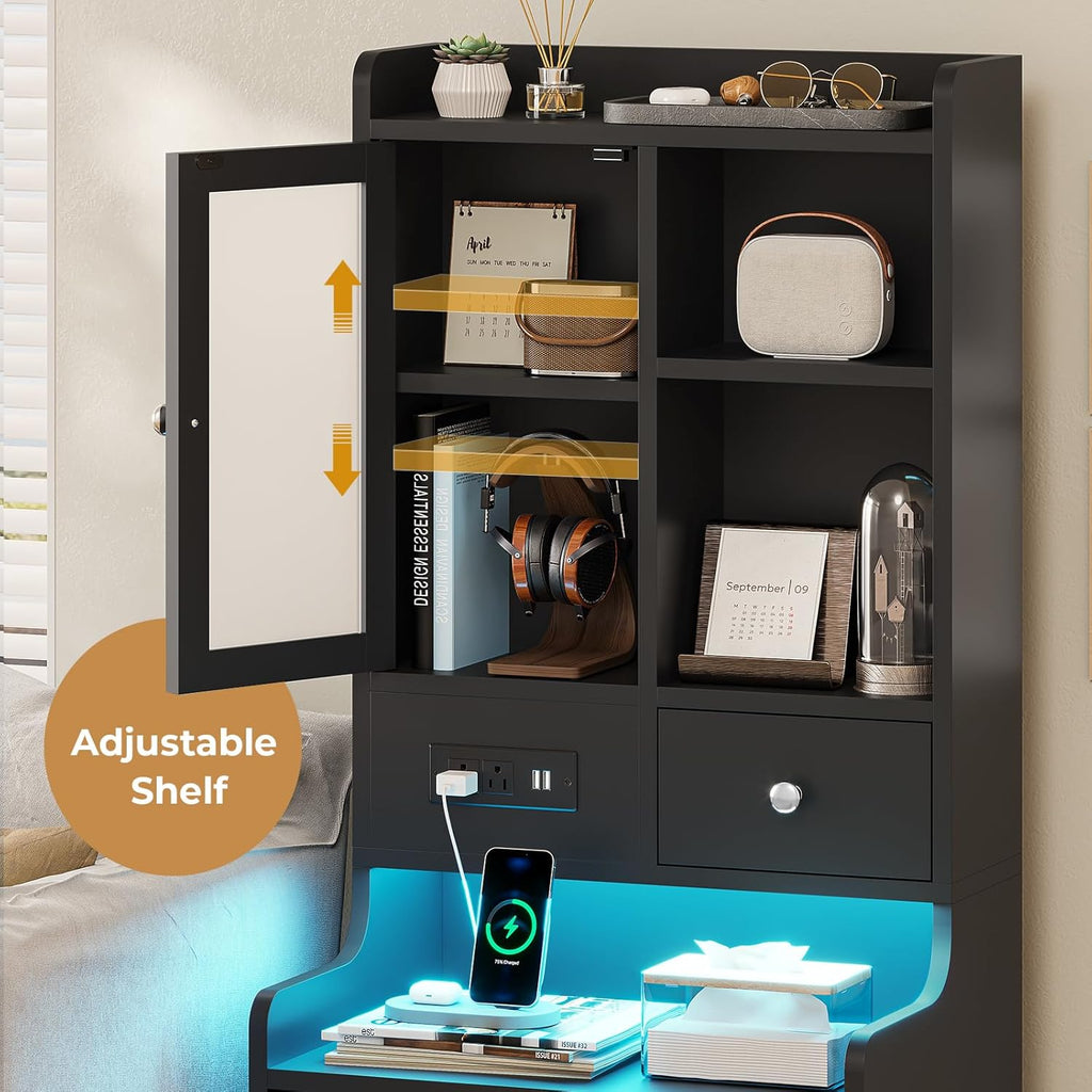 Tall Night Stand with Charging Station and LED Lights,49.2" Nightstand with Bookshelf, Black Bedside Table with