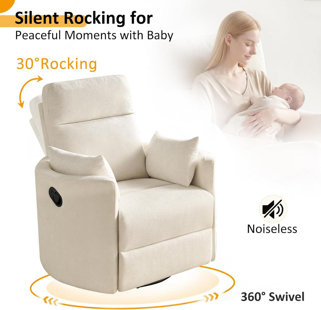 Oversized Nursery Rocking Chair, 360° Swivel Glider Recliner Chair, Chenille Silent Nursery Chair with 2 Pillows and