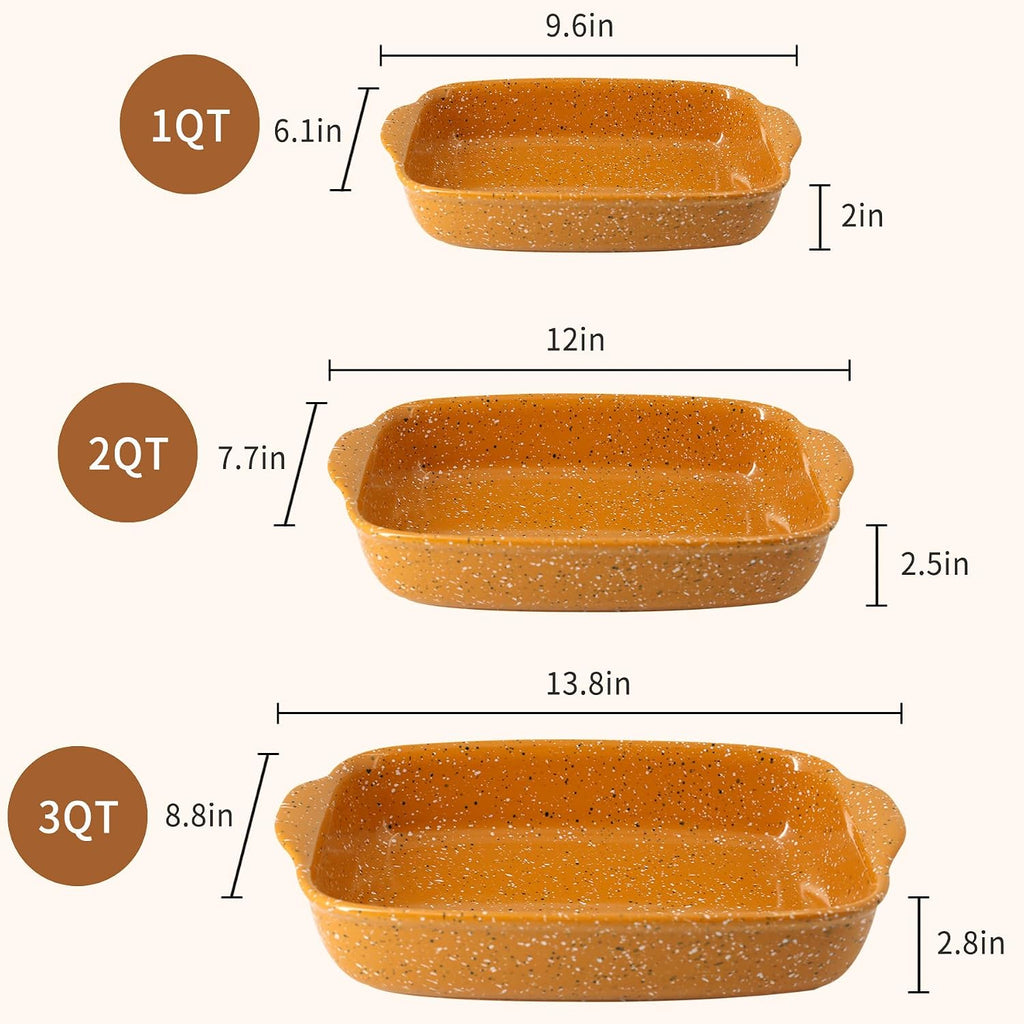 Ceramic Dish Set of 3 (13.8''/12''/9.6''Orange) | Oven-Safe Stackable Deep Rectangular Lasagna Pan with Handles, Up