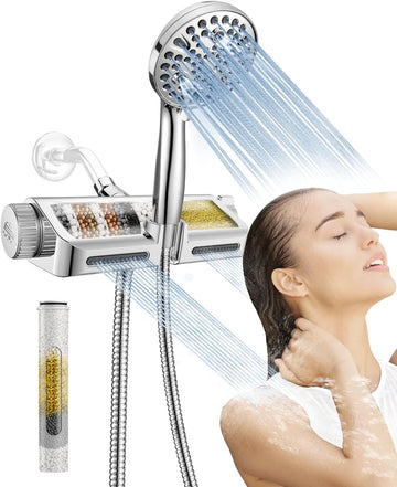 Filtered Shower Head with Handheld Combo - Dual 2-in-1 Spa System with Massage Shower and 10 Modes Hand Held Shower High Pressure with Built in Power Wash Mode (Chrome)
