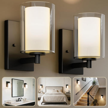 Wall Sconces Set of Two, Modern Vanity Lights with Double Clear Glass Shade Matte Black Indoor Farmhouse Wall Lights