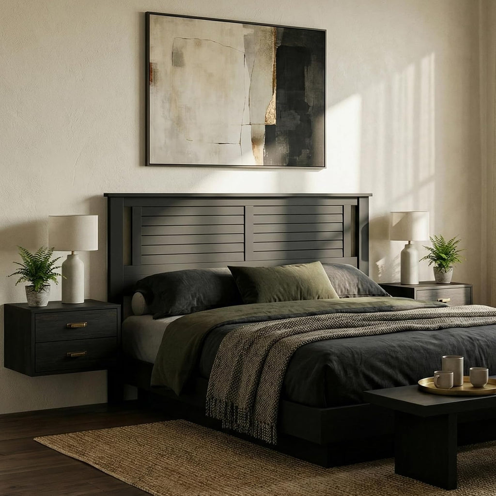 Serene Solid Wood Panel Headboard with Horizontal Scoring, King, Black, Easy Assembly, Quality Materials