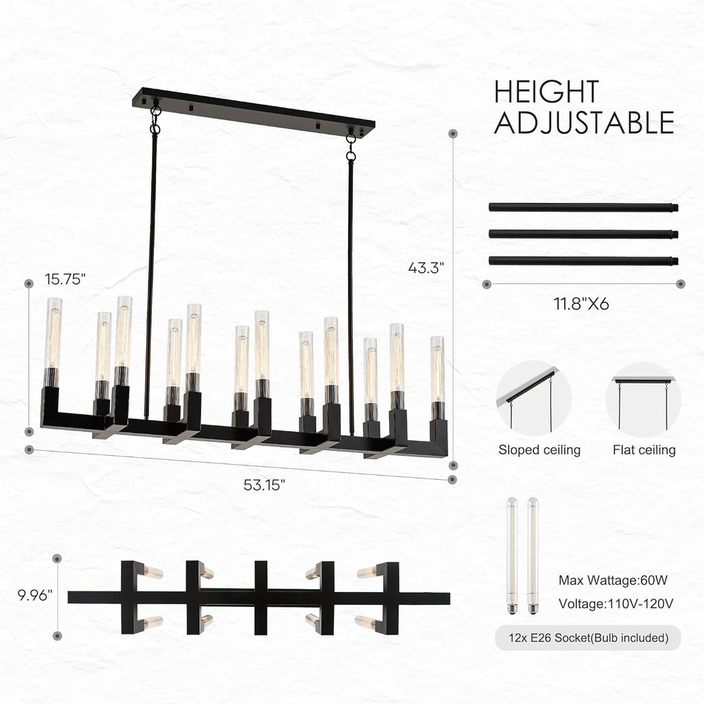 Inspired Cannele Style 54-inch Linear Dining Room Pendant Light Fixture with Glass Tube,Black Rectangular 12-Lights Industrial Kitchen Island Lighting Over Table(Included E26 Bulbs)
