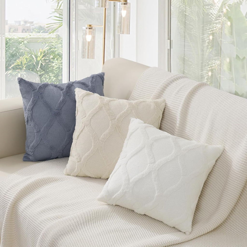 Summer Throw Pillow Covers 18x18 Inch Set of 2, Soft Plush Faux Fur Wool Cream White Accent Couch Pillow Covers for
