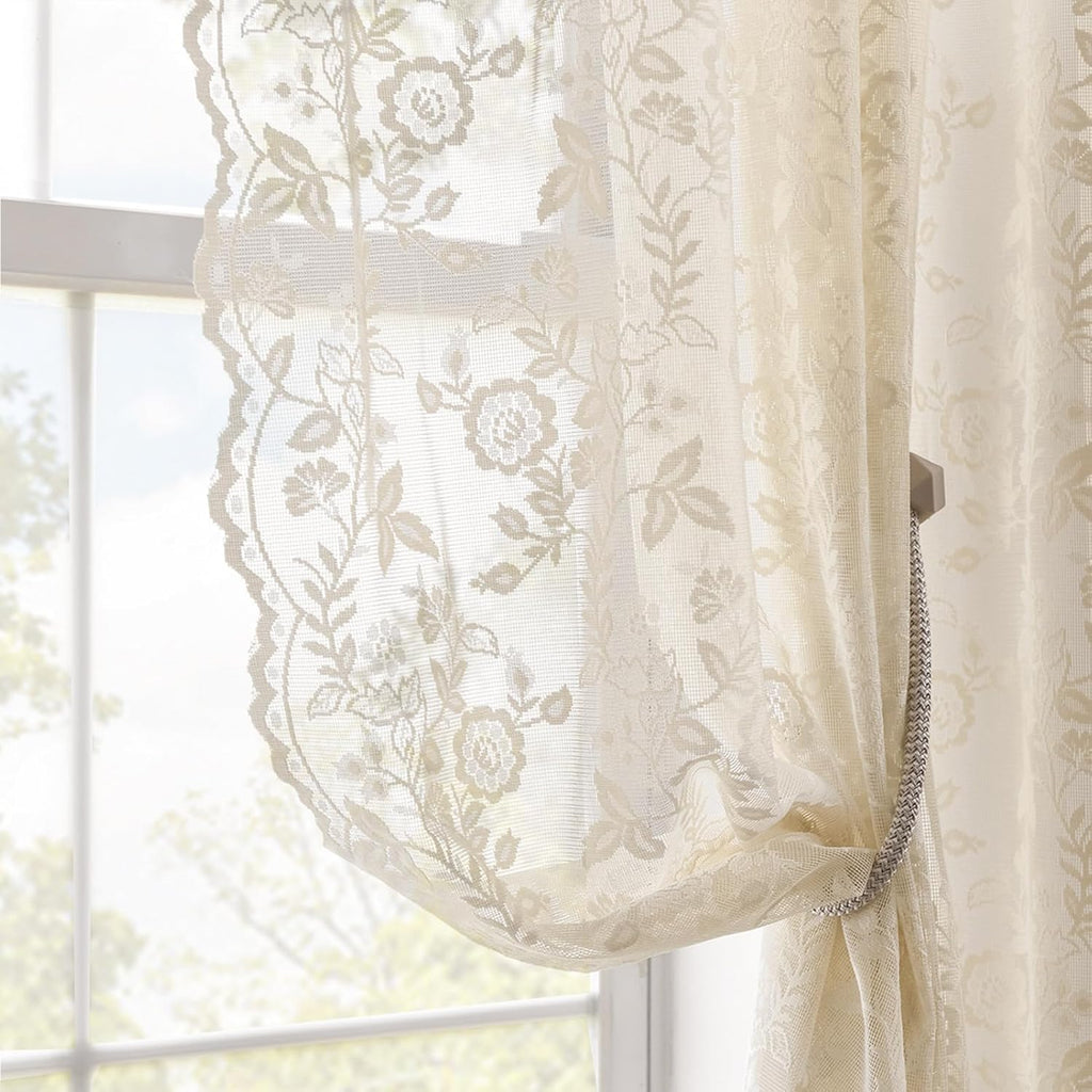 Beige Lace Curtains Rustic Leaf Floral 42 x 96 Inch, 2 Panels
