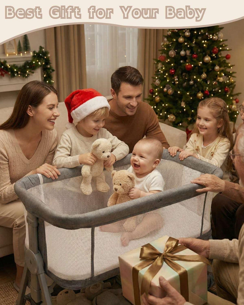 Bedside Bassinet for Baby, Sturdy 3 in 1 Bedside Sleeper with Mattress & Wheels, Height Adjustable, Breathable Mesh