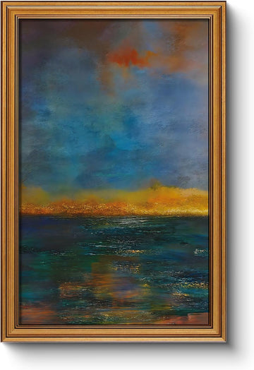 Abstract Ocean Wall Art 16x24 Framed Canvas Print with Golden Vintage Frame, Waves Sun Sky Art Modern Seascape Oil