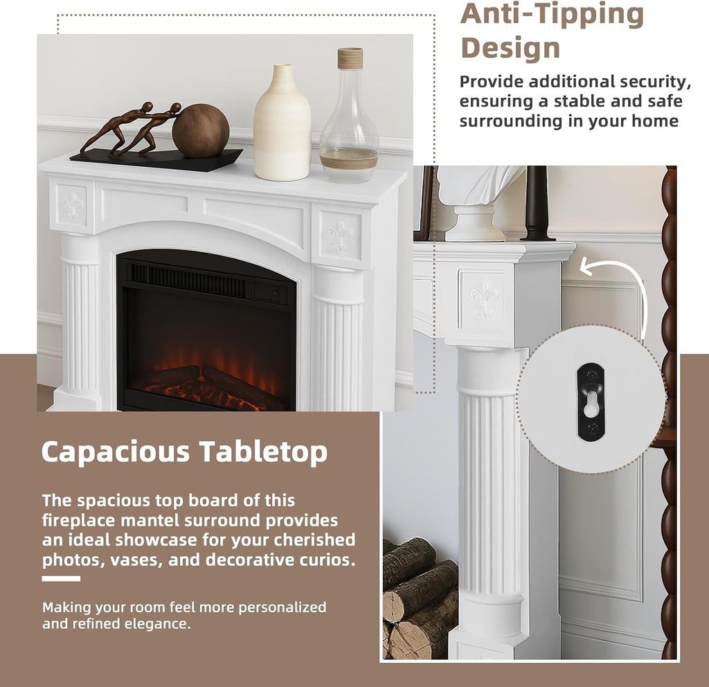Modern White Freestanding Surround - Waterproof, Anti-Tipping Premium MDF Mantel with Leg for Electric Fireplace