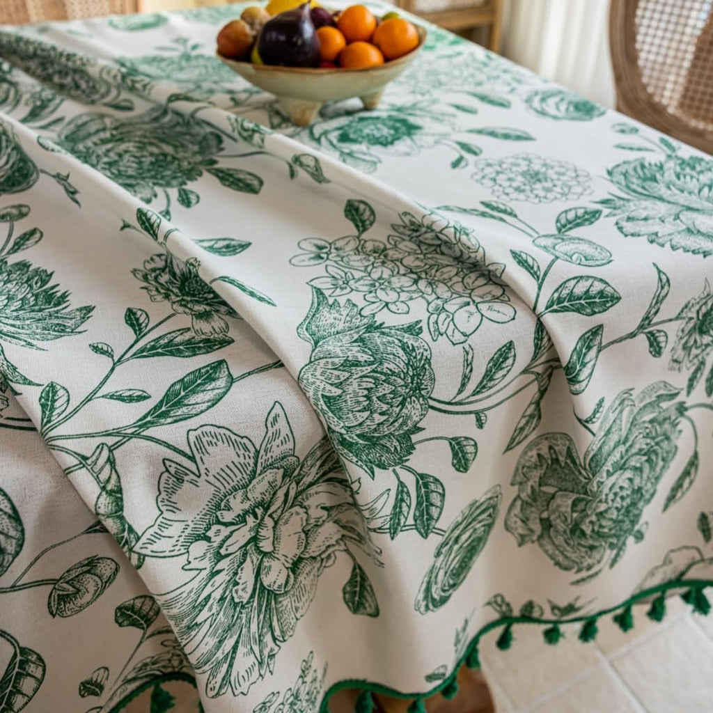 Boho Tassel Tablecloth Cotton Linen Floral Tablecloths and Dining Table Covers Home Decor, Rectangul