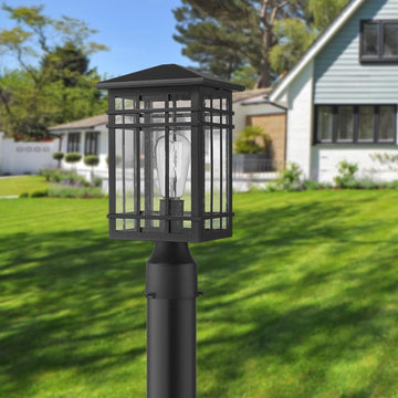 Outdoor Post Lights Fixture - Exterior Post Lantern with Seeded Glass in Black Finish - Pillar Light Ideal for Patio