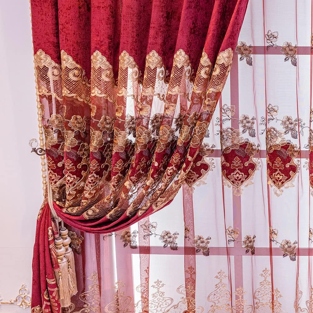 European Style Luxury Festival Burgundy Red Embroidered Sheer Curtain for Living Room Elegant Floral Tulle Curtains