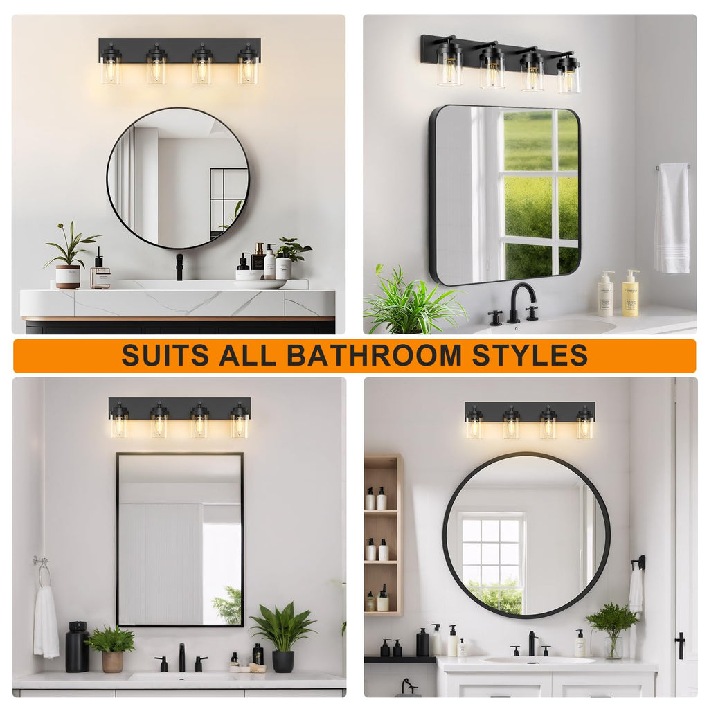 Bathroom Vanity Light Fixture, 4-Light 30 Inch Matte Black Bathroom Light Fixtures Over Mirror, with Clear Glass