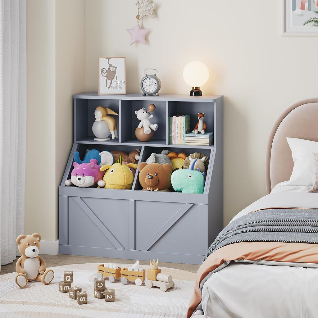Kids Bookshelf and Toy Storage, Kids Toy Storage Organizer, Grey | Toy Organizer with Storage Cabinet and Cubby