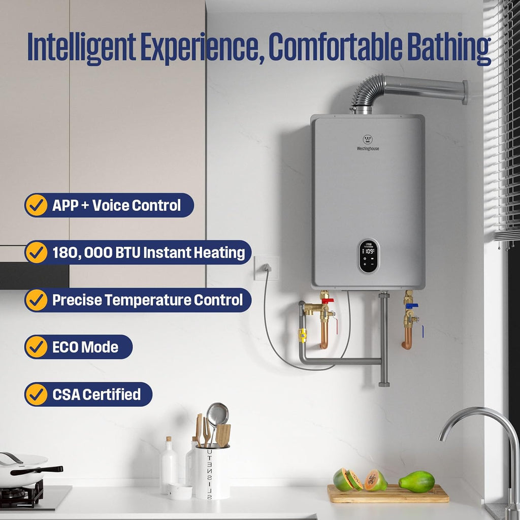 Smart Tankless Water Heater Gas Indoor, 7.9 GPM 180, 000 BTU Whole Home Natural Gas Heater, WiFi App Control