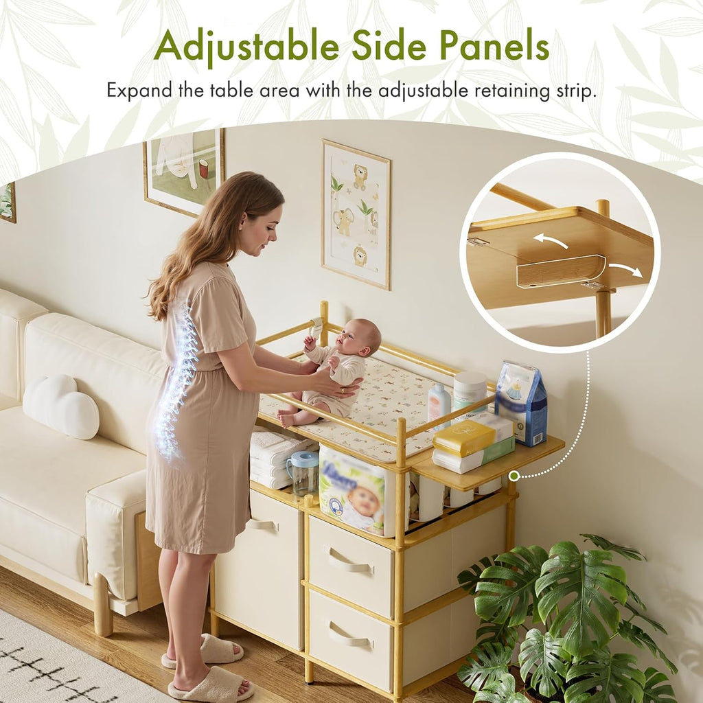 Baby Changing Table, Bamboo Baby Dresser Table with Flat Top, Diaper Changing Station with 3 Removable Storage
