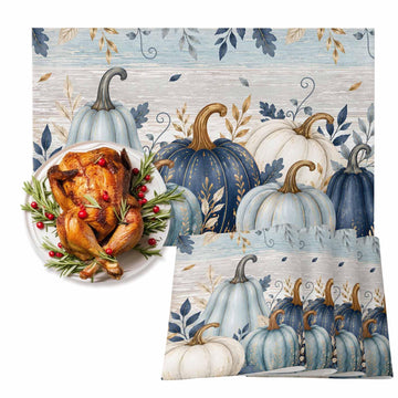 Fall Thanksgiving Placemats, Teal Blue White Pumpkin Heat Resistant Washable Dining Table Mats Fall Holiday Farmhouse
