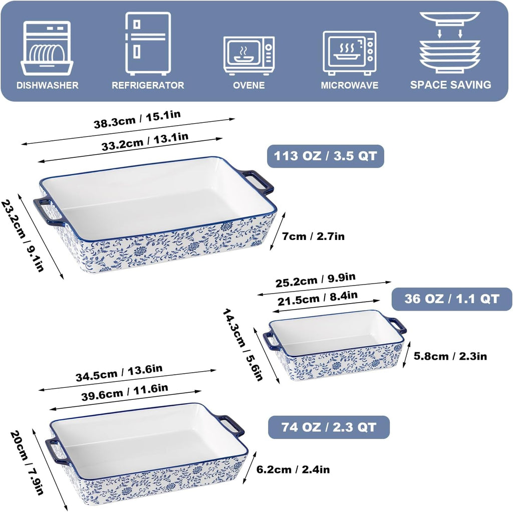 Ceramic Bakeware Set - Casserole Dish Dishes for Oven - Rectangular Lasagna Pans with Handles Cooking - Microwave &