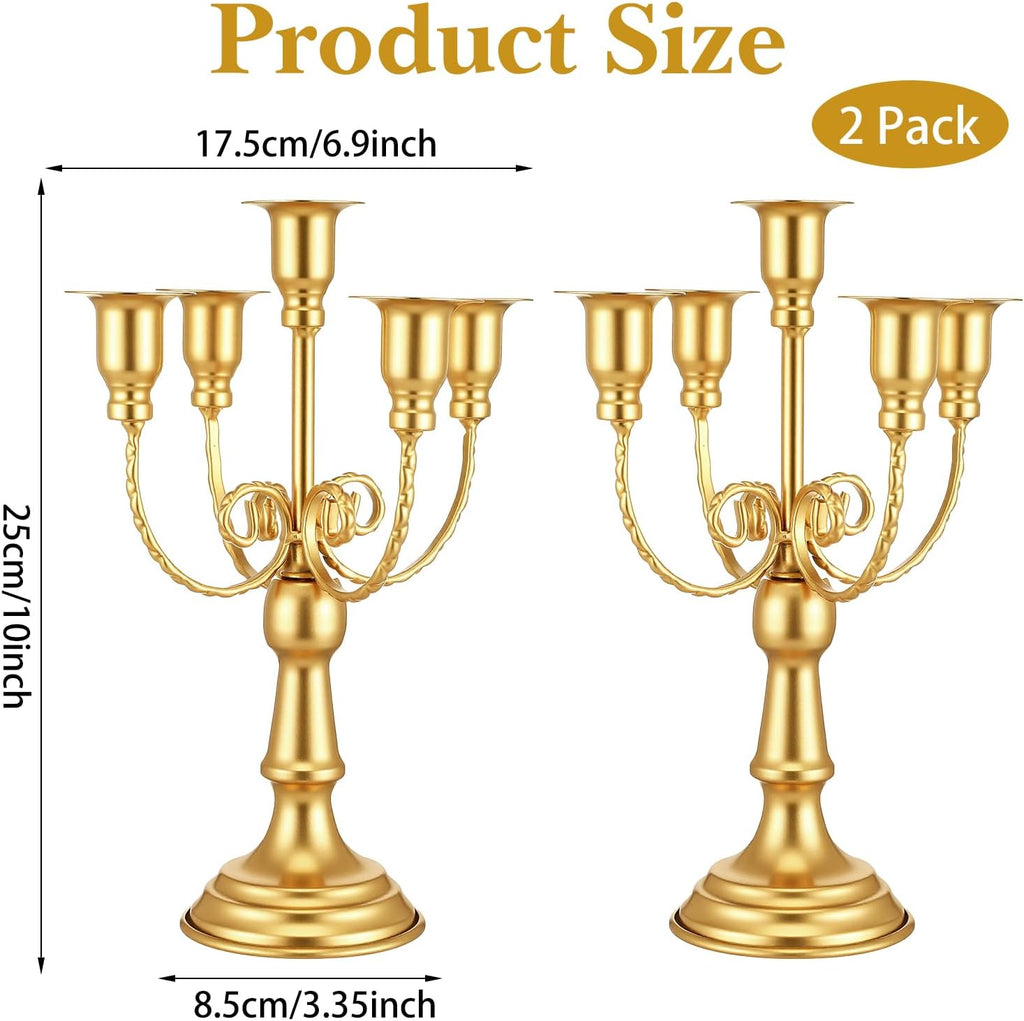 Set of 2 Gold Candelabra Centerpieces - 5 Arm 10" Iron Candle Holders for Taper Candles, Vintage Metal Candlestick