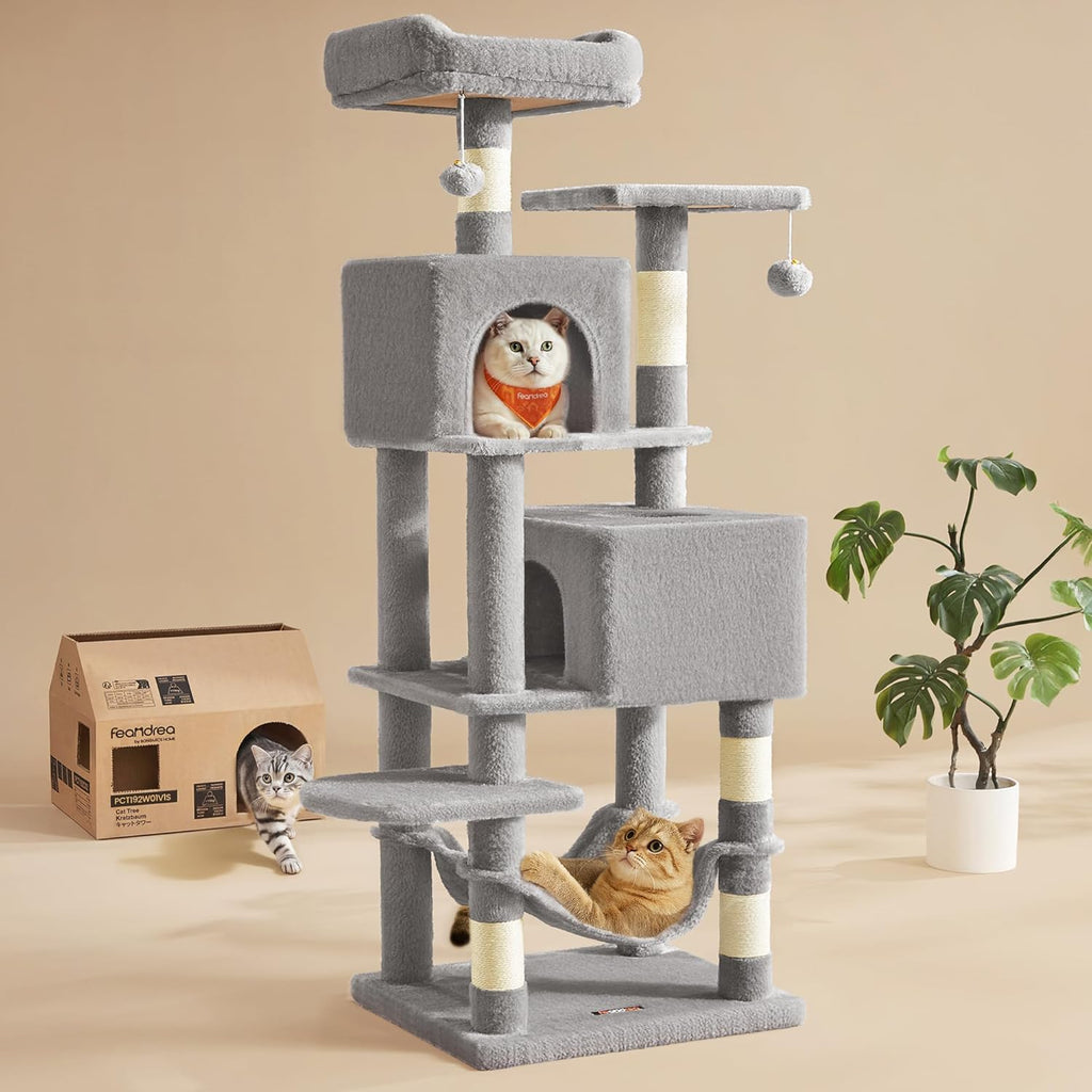 Cat Tree, 59.5-Inch Tall Cat Tower, Plush Multi-Level Condo with 5 Scratching Posts, 2 Perches, 2 Caves, Hammock
