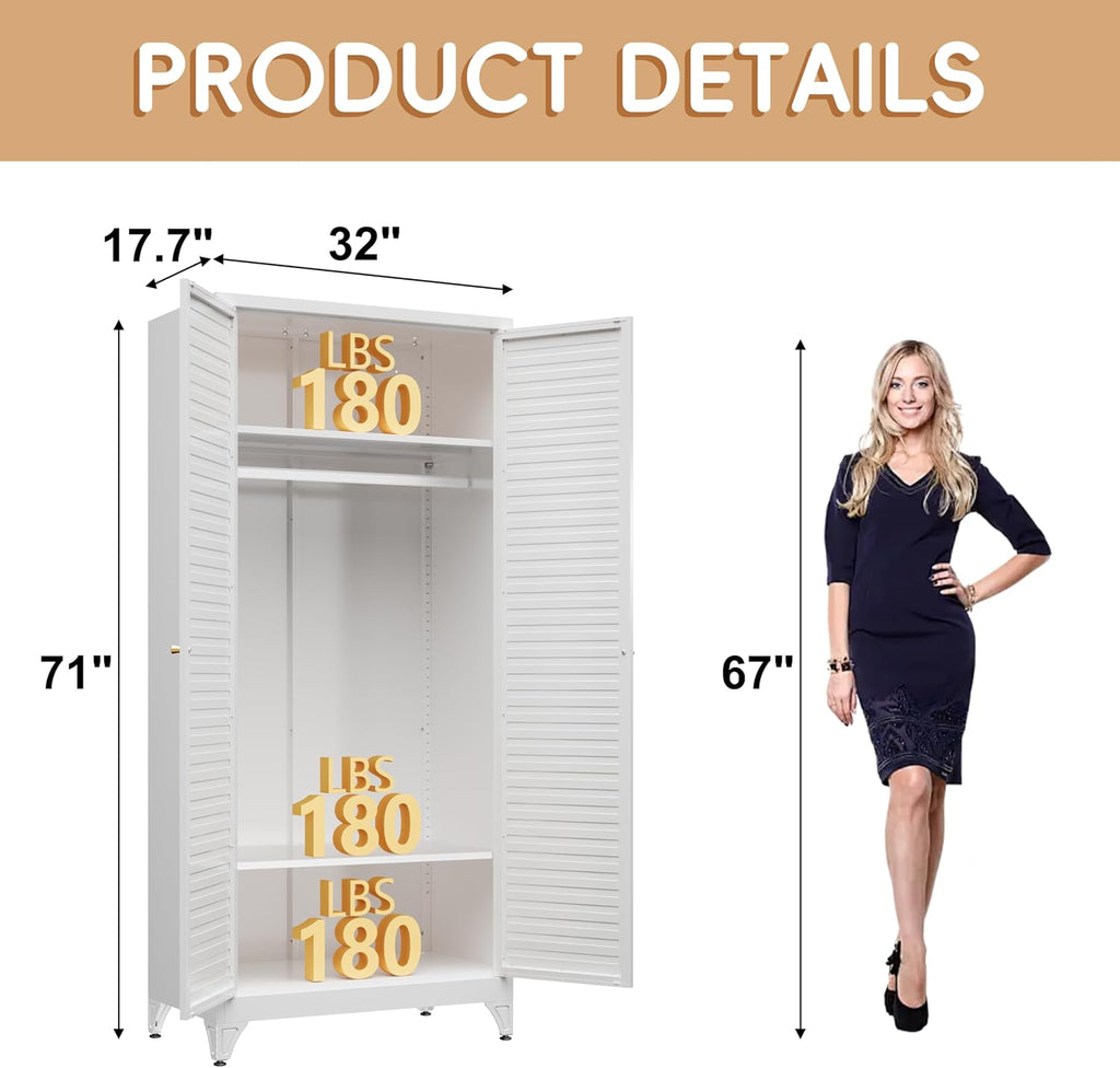 71"Armoire Wardrobe Close,White Wardrobe Cabinet with Hanging Rod | Metal Closet Cabinet with Doors and Adjustable
