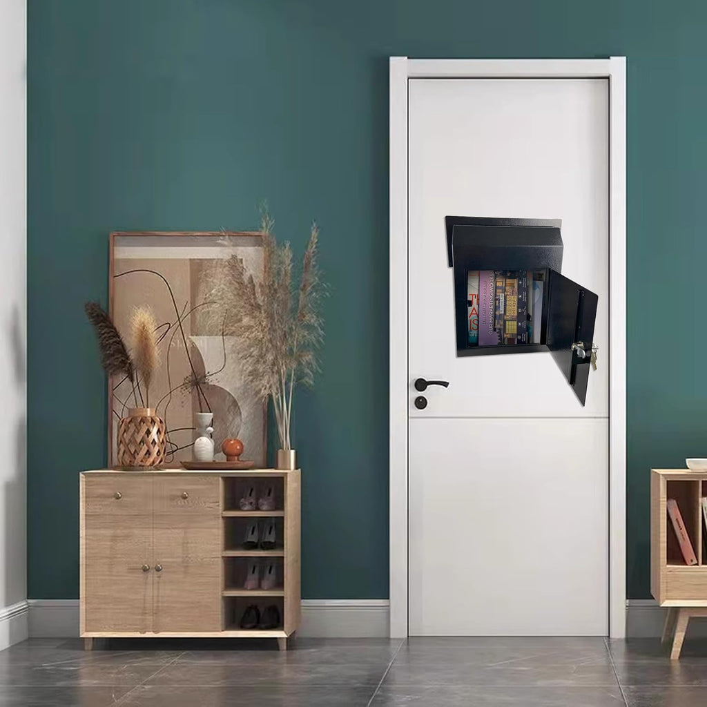 Locking Door Mounted Mailbox with Rear Access Door & Rain Cover, Heavy-Duty Galvanized Steel Mail Drop Box for Letters