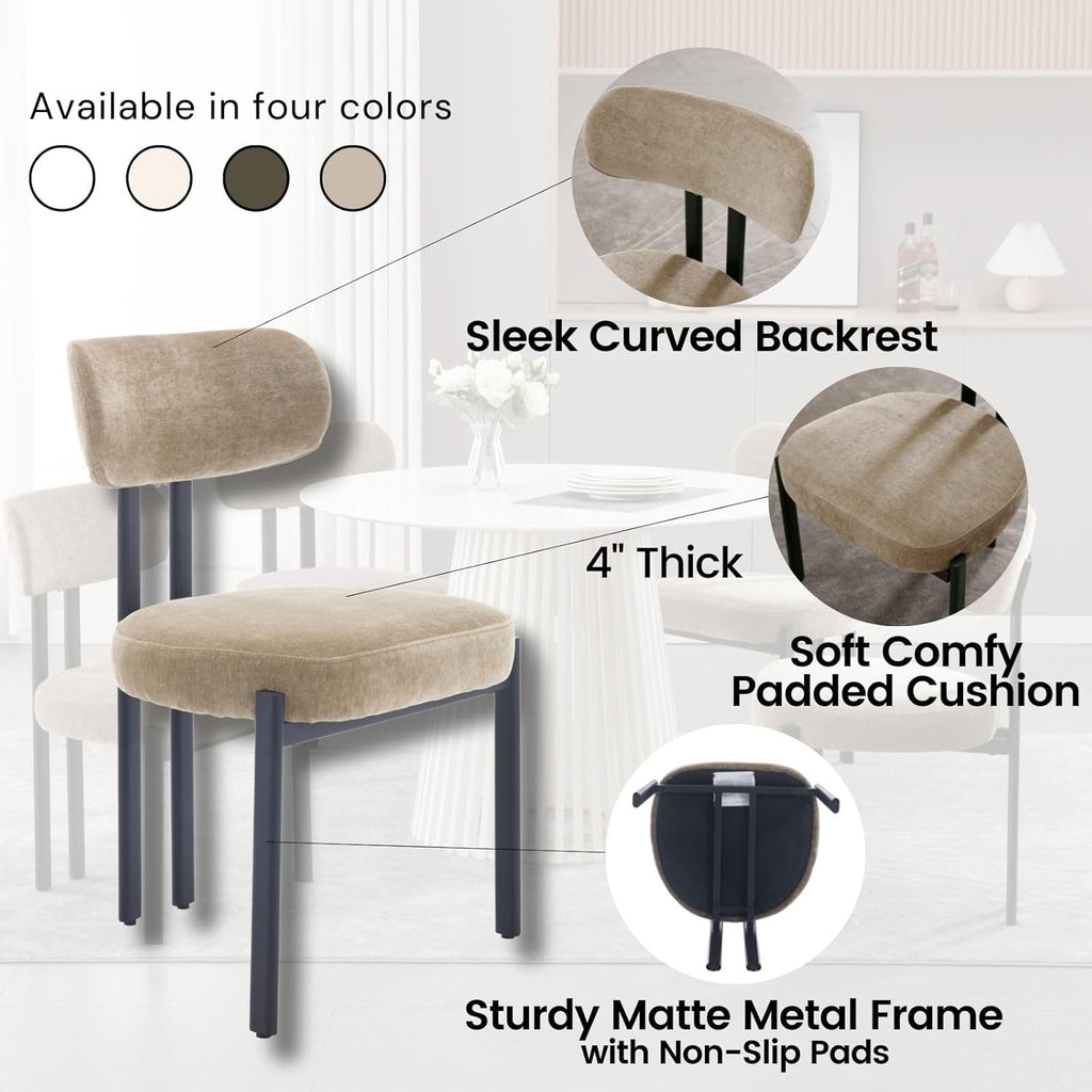 Chenille Dining Chairs Set of 2, Modern Curved Back Armless Kitchen Chairs with Black Metal Legs Upholstered Dining Room Chairs Reception Chairs for Living Room Office Restaurant, Khaki