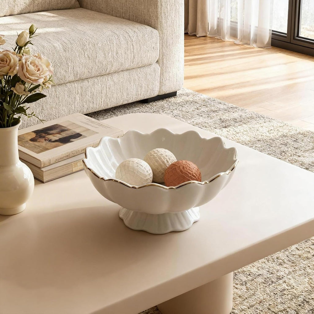 White Small Decorative Bowl 8 Inch Ceramic Key & Fruit Bowl Ruffle Lotus Shape with Gold Rim Candy Bowl, Multi-Use