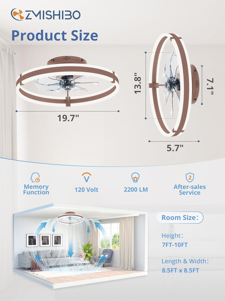 Ceiling Fans with Lights and Remote, 19.7'' Low Profile Ceiling Fan, 3000-6000K Dimmable Modern Flush Mount LED Fan Light, 6 Wind Speeds, Brown Fandelier Ceiling Fans for Bedroom