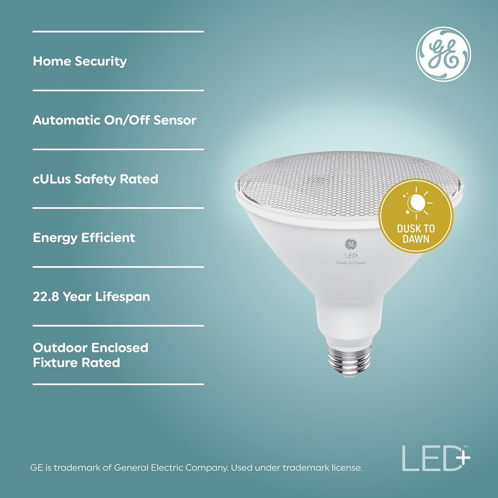 GE LED+ Dusk to Dawn LED Light Bulbs, 15 Watts, Automatic On/Off PAR38 Outdoor Floodlight, Daylight (3 Pack)