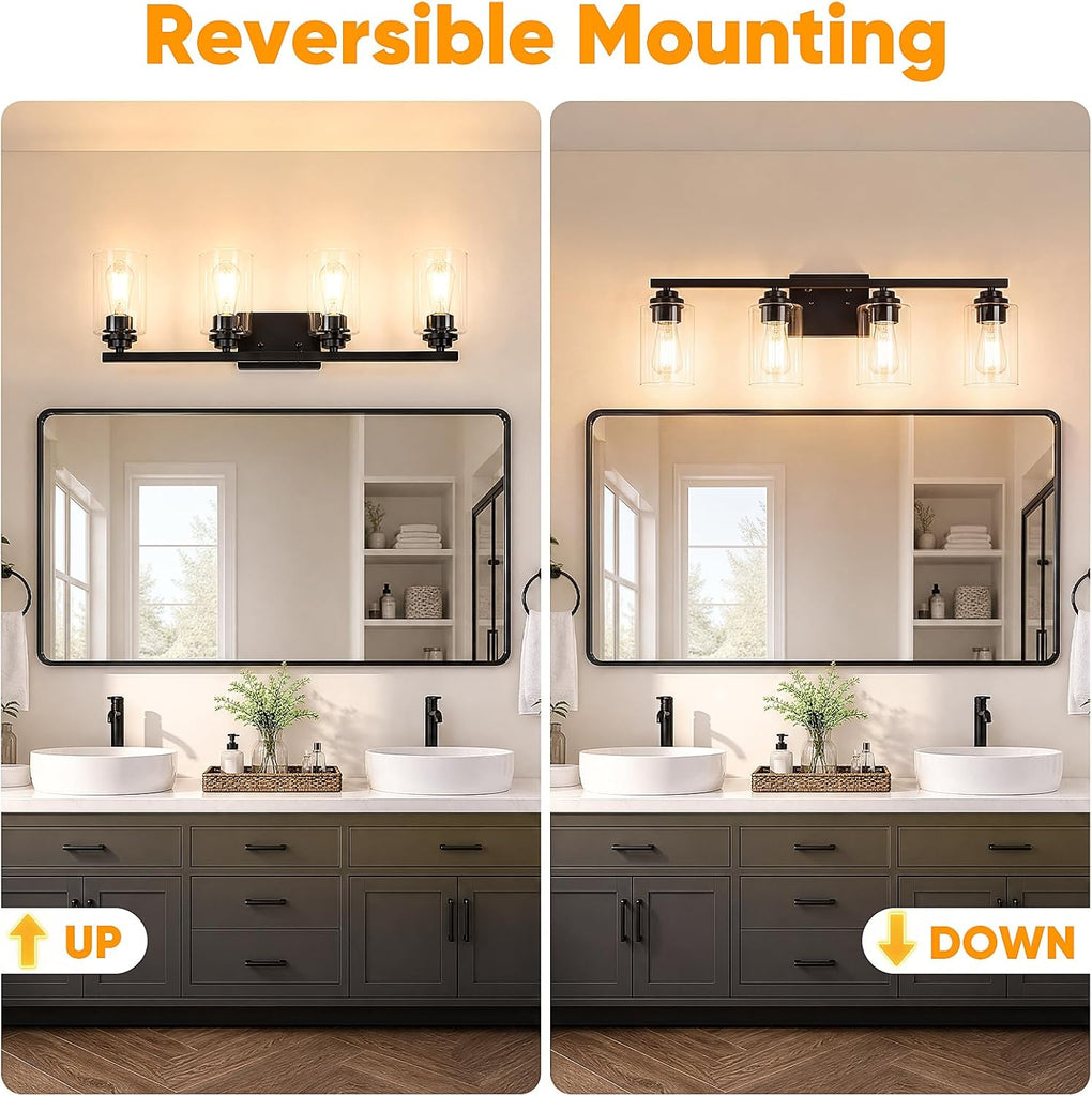 Black 4 Lights Bathroom Light Fixtures Over Mirror 27 Inches | Modern Vanity Lights Over Mirror with Clear Glass