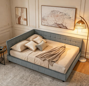 Queen daybed, Queen Corner Bed, Upholstered Sofa Bed Frame with Comfortable Backrest and Armrests for Kids,Adults