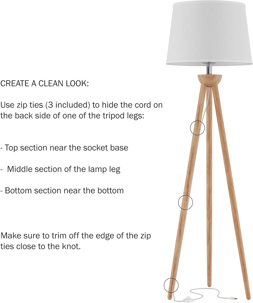 Tripod Floor Lamp - Mid-Century Modern Décor Light with LED Bulb and Natural Oak Wood Base