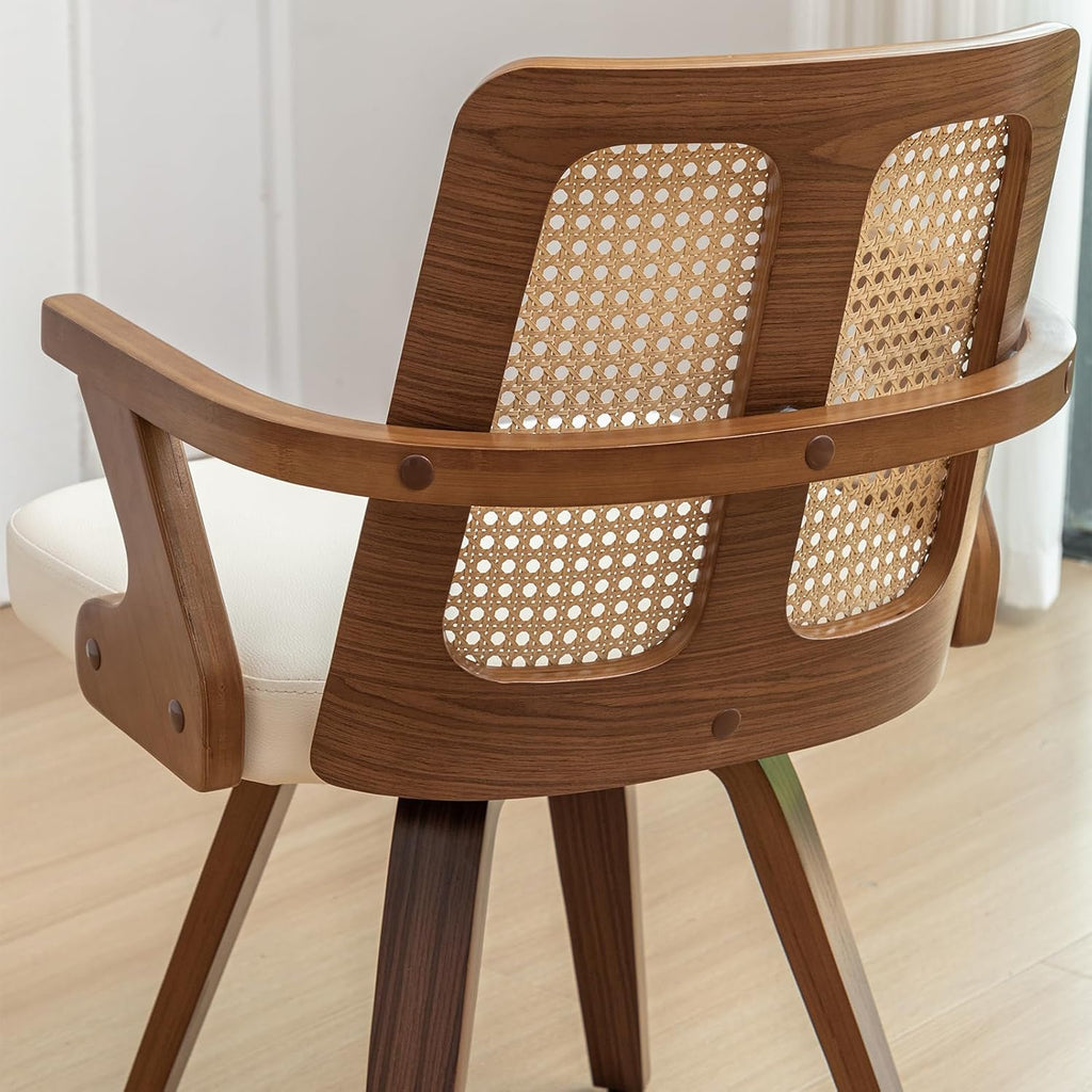 Walnut Dining Chairs - Swivel Rattan Dining Chairs with Bentwood Frame with Ergonomic Cane Back, Curved Arms, MCM