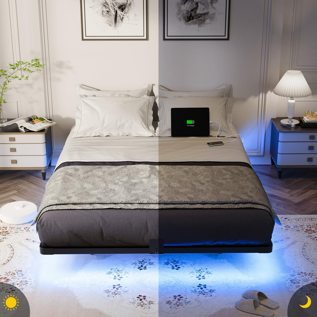 Floating Bed Frame Full with Smart LED Lights and Charging Station